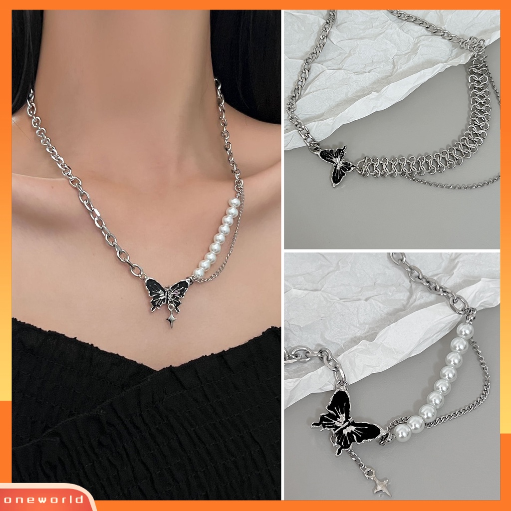 [EONE] Wanita Kalung Manis Keren Asimetris High Gloss Mutiara Imitasi Link Rantai Hadiah Hitam Kupu-Kupu Liontin Sweater Kalung Fashion Perhiasan