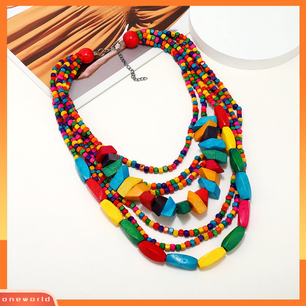 [EONE] Pesta Kalung Berlebihan Vintage Multilayer Handmade Colorful Beads Dress Up Fashion Item Etnik Rumbai Kayu Manik-Manik Bib Kalung Pesta Liburan Perhiasan