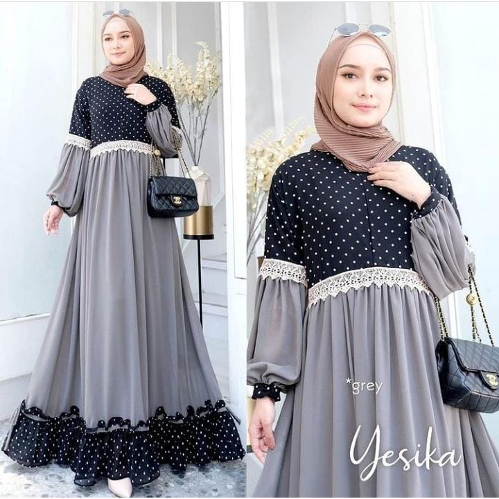 GAMIS STORE - Yesika Dress Polka Mix Cerutty Lapis Premium Fashion Gamis Maxy Gaun Wanita Pesta Kondangan