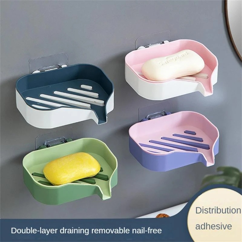 [Unggulan] Nampan Sabun Saluran Air Yang Dipasang Di Dinding Kotak Penyimpanan Spons Piring Aksesori Kamar Mandi Rumah Yang Dipasang Di Dinding Double-layer Soap Dish Sponge Tempat Sabun Free Punch Drawer Drain Soap Box