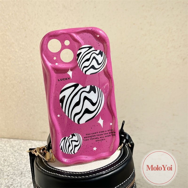 IPHONE Casing Ponsel Kompatibel Untuk Iphone11 12 13 14 Pro Max XR 7Plus 8Plus X 7 8 6s 6 Plus XS Max SE 2020 INS Pink Love Heart Leopard 3D Wavy Curved Edge Glossy Shockproof Soft Tpu Cover