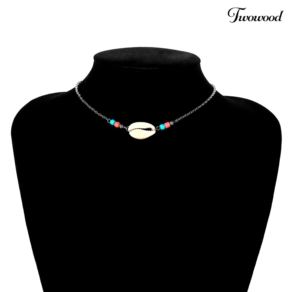 Twowood Simple Lady Bohemia Kerah Perhiasan Manik-Manik Pola Kerang Fashion Choker Kalung