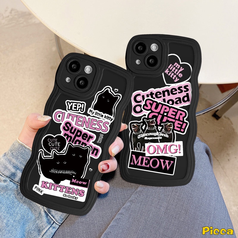 Untuk Redmi Note 10s 11s 9s 8 9 11 10 Pro Redmi 12C A1 9 10 10A 10C 9A 9T 9C A1+POCO M3 X3 NFC Pro Mi 11T Pro Ins Trendy Keren Stiker Label Kartun Kucing Anjing Lembut Tpu Case Wavy Edge