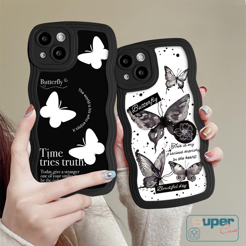 Label Tinta Huruf Tepi Bergelombang Casing Ponsel Untuk iPhone 7Plus 13 11 12 14 Pro Max XR 6s 8-6 7 Plus X XS Max SE 2020 Ins Kepribadian Fashion Fantasy Butterfly Soft Back Cover