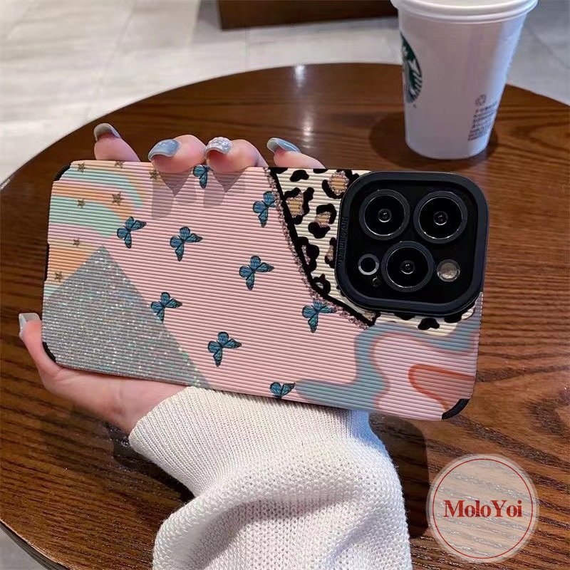 IPHONE Tekstur Retro Butterfly Phone Case Kompatibel Untuk Iphone7 8 Plus 11 12 13 14 Pro MAX XR X XS MAX 7Plus Mewah Kulit Leopard Bling Jahitan Kontras Shockproof Tpu Soft Cover