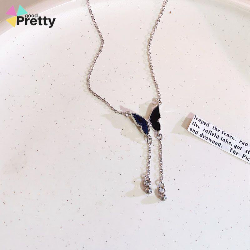 Super Peri Rumbai Hitam Kupu-kupu Liontin Kalung Rantai Tulang Selangka Cahaya Mewah Perempuan - PD