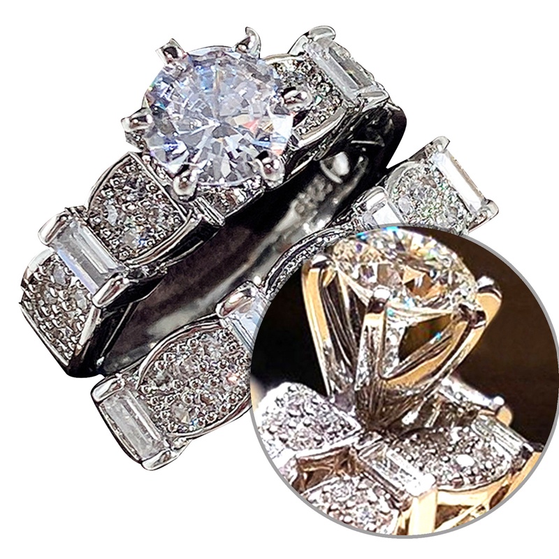 2pcs/set Cincin Kawin Wanita Mewah AAA Cubic Zirconia Kristal Rings High Quality Fashion Jewelry