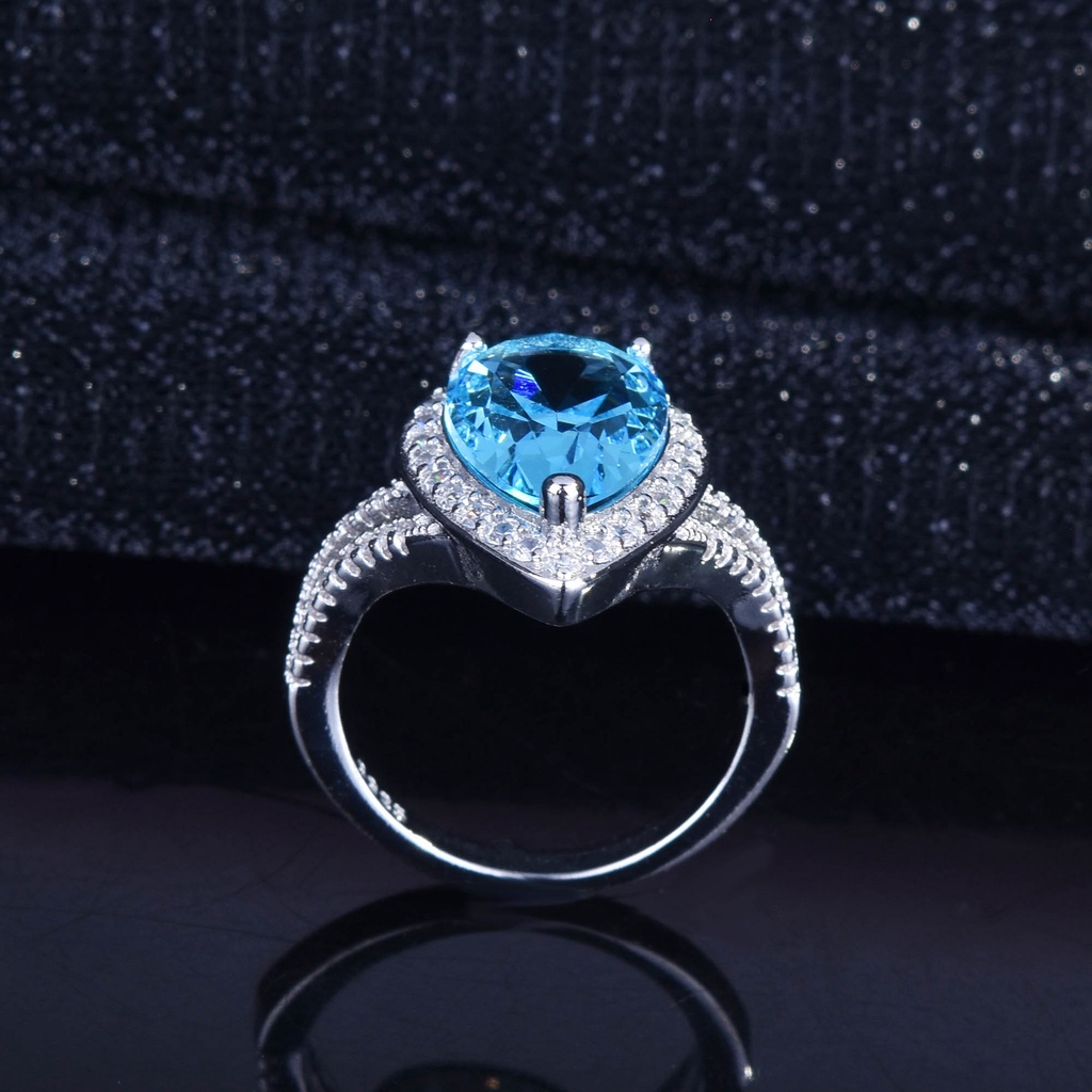 Goldkingdom Aksesoris Perhiasan Fashion Ready Stock Pertunangan Double Drop Pear-Berbentuk Santa Maria Aquamarine Ring