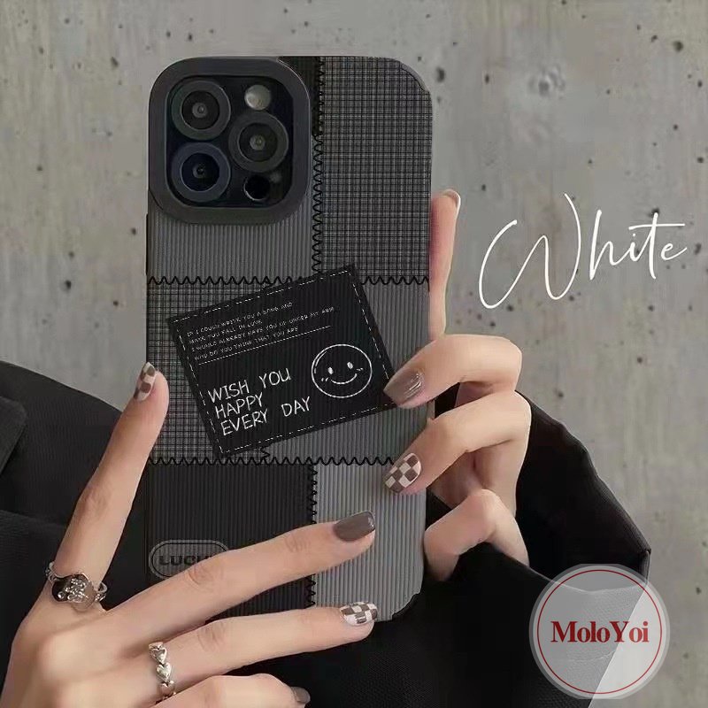 Stiker Tekstur Trendy Brand Case Kompatibel Untuk IPhone 7Plus XR X XS Max8 7 Plus 11 14 12 13 Pro Max Kulit Mewah Smiley Lucu Jahitan Label Hitam Lembut Phone Cover