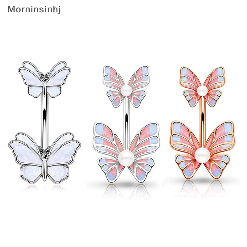 Mornin 1PC/6PCS Stainless Steel Butterfly Pearl Belly Button Ring Drip Minyak Pusar Kuku Tubuh Perhiasan Untuk Wanita Dekorasi Tubuh id