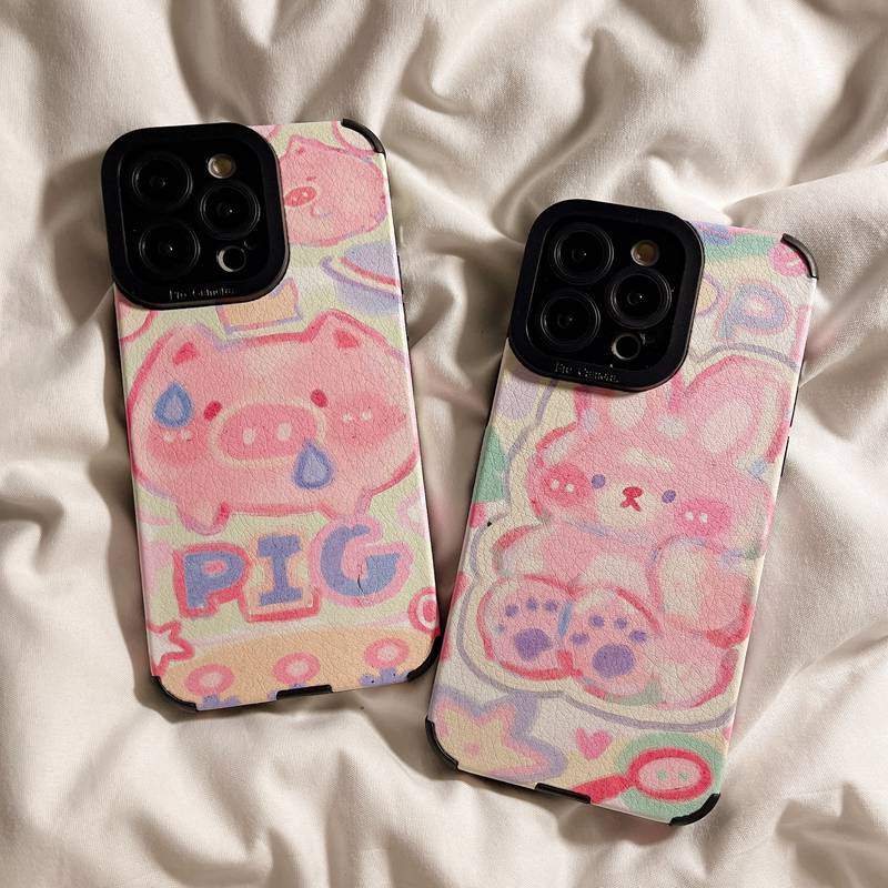 Soft sheepskin Leather Case IPhone 6S 7 8 Plus SE 2020 X XR XS Max 11 12 13 14 Pro Max 14 Plus Camera Protect for Girl women Cute Pig Rabbit Pink