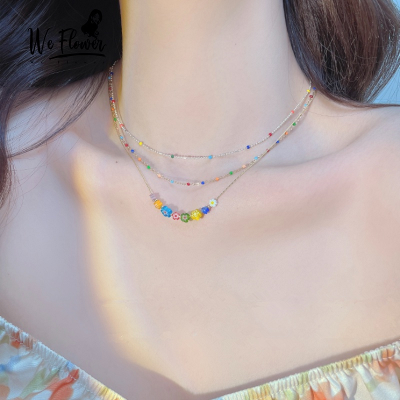 Kami Bunga Korea IU Gaya s925 Perak Warna-Warni Bunga Pelangi Manik-Manik Choker Kalung Untuk Wanita Perempuan Musim Panas Trendi Pantai Liburan Kalung Perhiasan Aksesoris