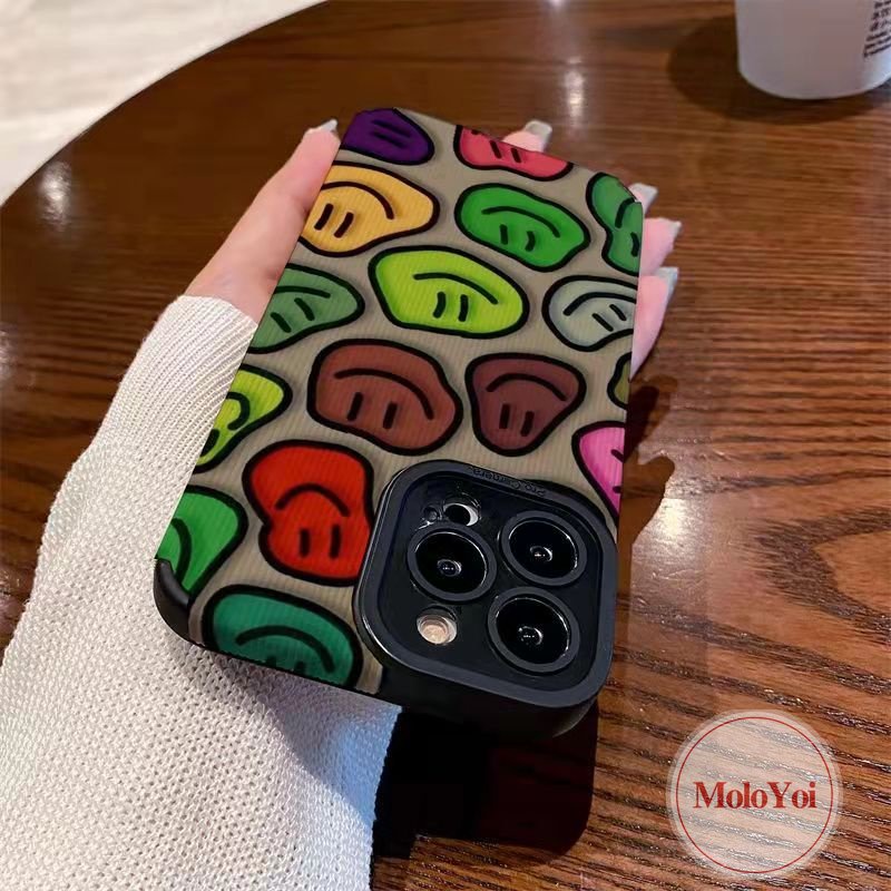 Casing Lembut Shockproof Kompatibel Untuk IPhone XR XS X Max 11 Pro Max 7Plus 11 12 14 13 Pro Max8 7 Plus Tekstur Kulit Mewah Kartun Graffiti Warna-Warni Smiley Phone Cover