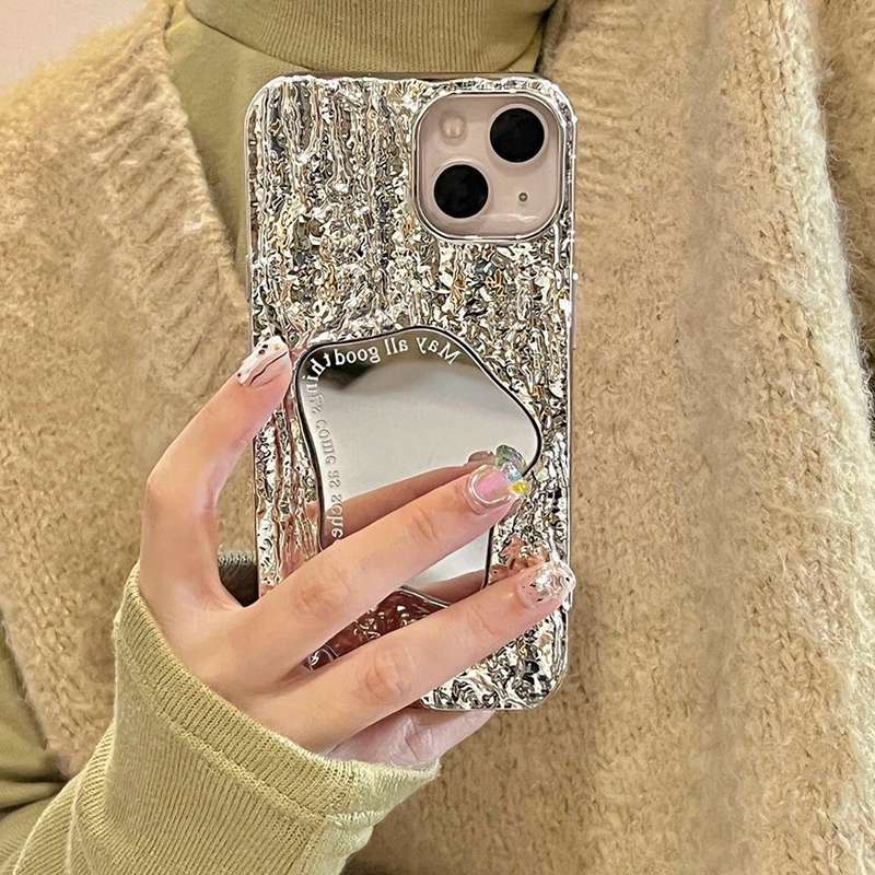 【Pleated mirror】Pretty Make up Mirror Silicone Case for iPhone 6S 7 8 Plus XR XS Max 11 12 13 14 Pro Max Phone Case for Women Girl Gift