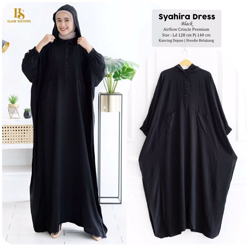 SYAHIRA Dress Hoodie ORI HIJAB SISTER | Gamis Crinkle Airflow Premium Polos Busui LD 130