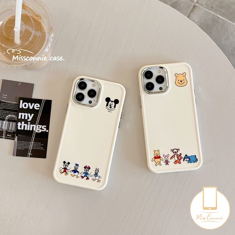 Caroon Disney Mickey Minnie Mouse Case Kompatibel Untuk IPhone 11 12 14 13 Pro MAX 7plus X XR 7 8 Plus XS MAX 8plus Cute Winnie The Pooh Bear Plating Metal Frame Lensa Soft Cover