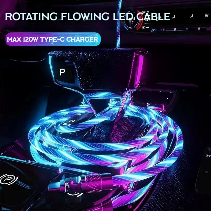 120w 3A Kabel Putar Pengisian Cepat Glow Flowing Cord Lampu LED USB c Streamer Light LED USB c Cord Fast Charging Cable Type-c Micro USB 1M Untuk iPhone Android