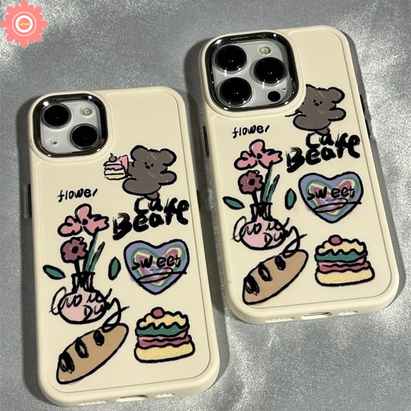 Graffiti Love Heart Cute Cat Dog Phone Case Kompatibel Untuk IPhone XR 7Plus 8Plus 8 7 Plus X11 13 14 12 Pro Max XS Max Beruang Lucu Hamburger Bunga Logam Bingkai Lensa Soft Cover