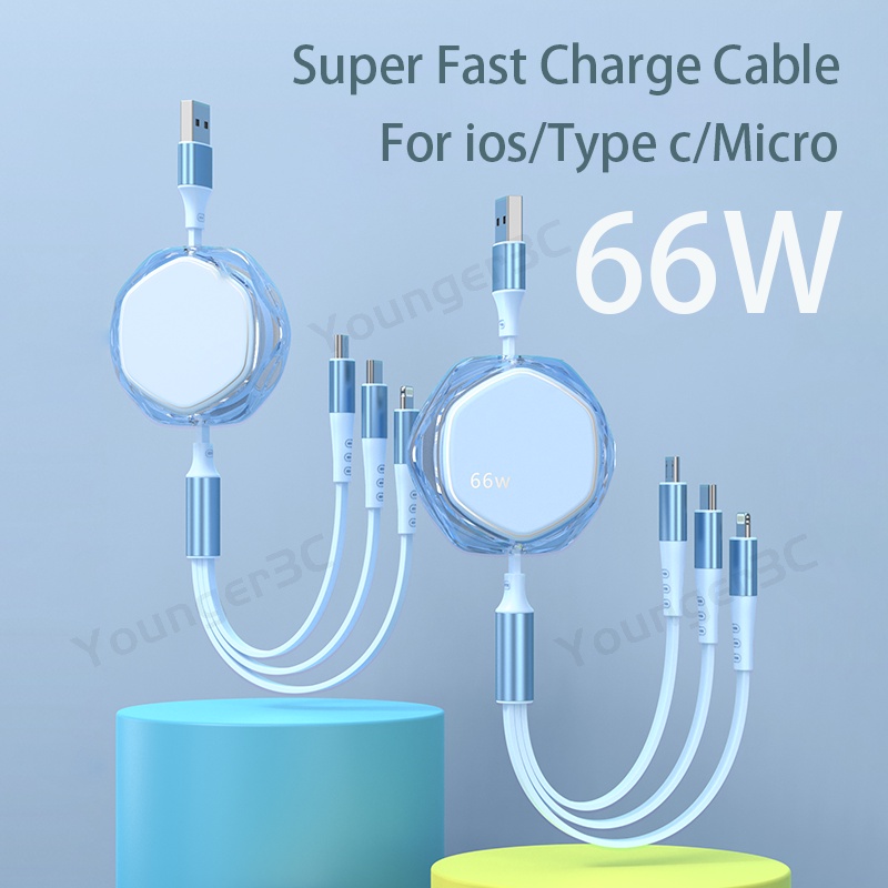 3in1 66W Kabel Pengisian Super Cepat Hexagonal Transparan Telescopic Charging Cord 6A USB Jalur Data Teleskopik Otomatis