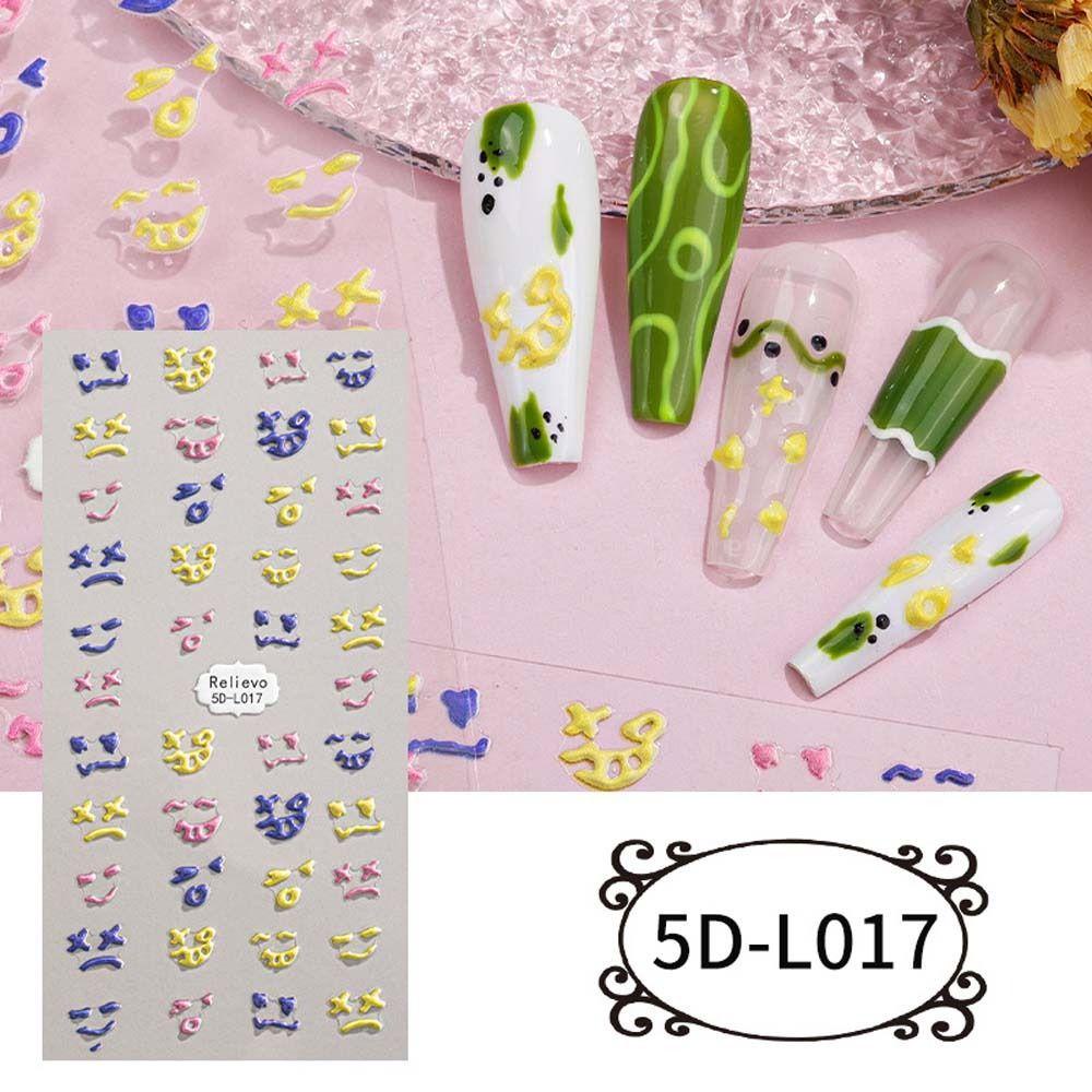 Needway Kartun Stiker Kuku 5D Relief Fashion Cinta Hati Senyum Anjing Self Adhesive Nail Dekorasi