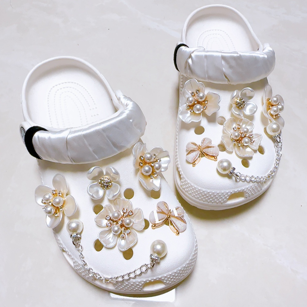 10pcs+2chain Baroque Pearl Flower Set Crocs Jibbitz Charm Diy Aksesoris Sepatu Wanita Pesona Sepatu Untuk Wanita/Cewek [Tidak Termasuk Sepatu]