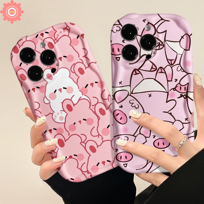 Casing Kartun Babi Lovely Rabbit Pink Lucu Untuk Redmi 9T 10A 9C NFC A1 A2 10C 10 9A 9 Redmi Note8 9 10 11 11s 10S 10Pro Max POCO M3 3D Wavy Curved Edge Glossy Shockproof Soft Cover