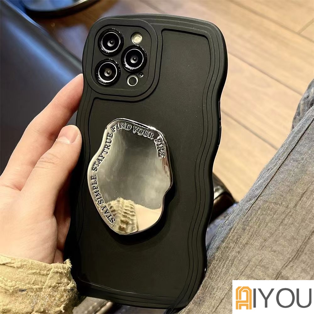 IPHONE Luxury Ins Korea Lucu Irregular Cloud Specular Bracket Gelombang Hitam Case Untuk Iphone14 13 12 11 Pro Max Kawaii Soft Cover Funda