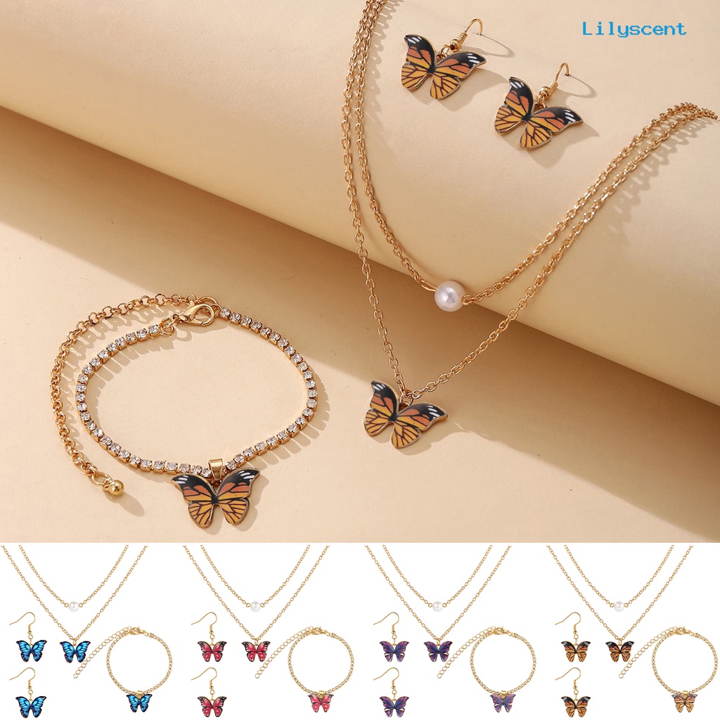 [LS]1 Set Lapisan Ganda Kupu-Kupu Kalung Elegan Anting Berlian Imitasi Inlay Gelang Perhiasan Kit Aksesoris Fashion Hadiah