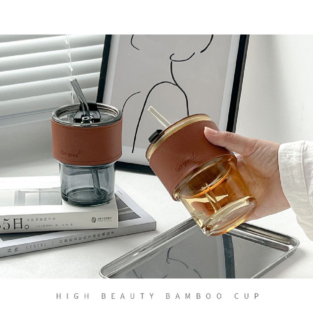 Gelas Kaca Coklat/Bening dengan Sleeve Tahan Panas 400ml - Tumbler dengan Sedotan - Tumbler Estetik