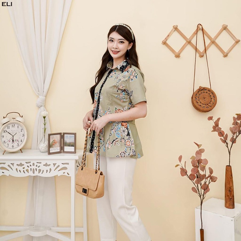 Evercloth Eli Blouse Wanita Atasan Wanita Blouse Batik Lengan Pendek