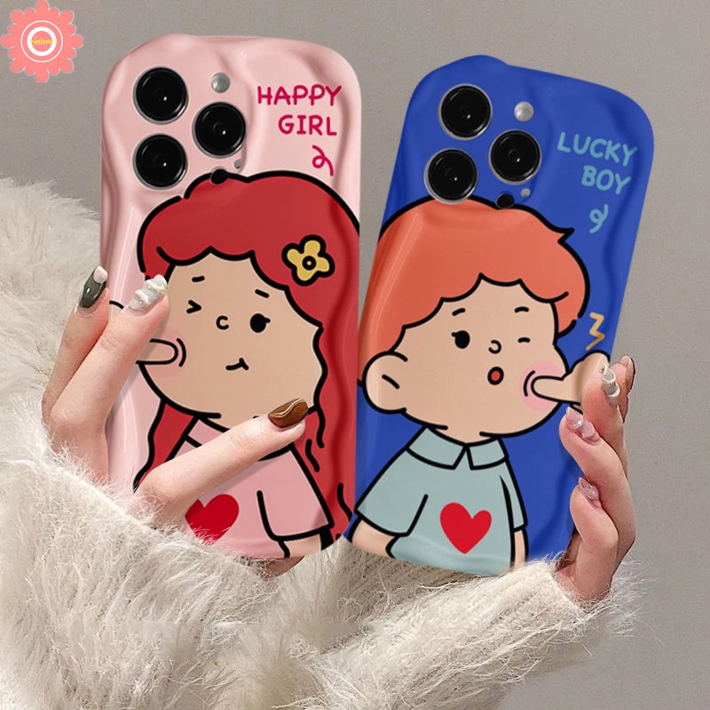 Couple Lucu Kartun Lucky Boy Girl Lovers Case Untuk Realme C53 C35 C12 C31 C21Y C11 C25Y C20 C33 C25s C30 C15 C21 C25 C55 5 9i 5i 7i 6i 5s C20A C3 C17 Lembut 3D Bergelombang Lengkung Penutup Tepi