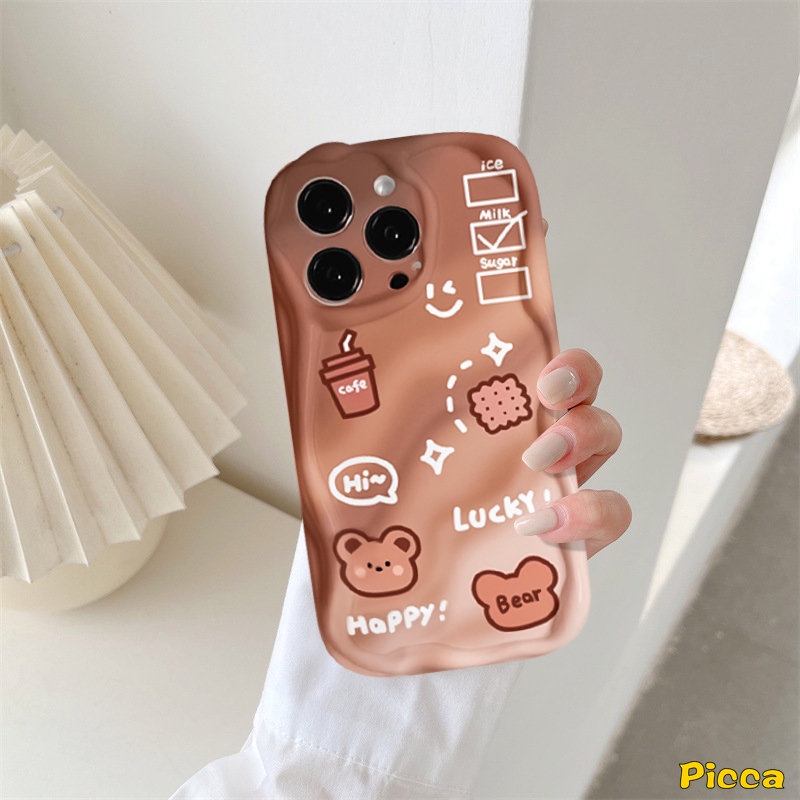 Casing Tepi Melengkung Bergelombang 3D Untuk Redmi 9A 10C 9T 9C 10 9 A1 10A 9C NFC A2 Redmi Note 11 10 8 9 11s 10s 10Pro 10 Pro Max Plus POCO M3 Kartun Beruang Lucu Kopi Donat Gradasi Lembut Sarung