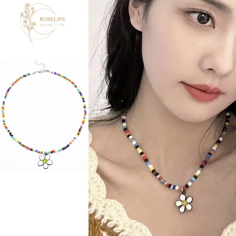 Roselife Unisex Korea Musim Panas Trendi Akrilik Warna-Warni Manik-Manik Wajah Senyum Bunga Matahari Liontin Choker Pendek Kalung Untuk Wanita Pria Liburan Tulang Selangka Rantai Kalung Perhiasan