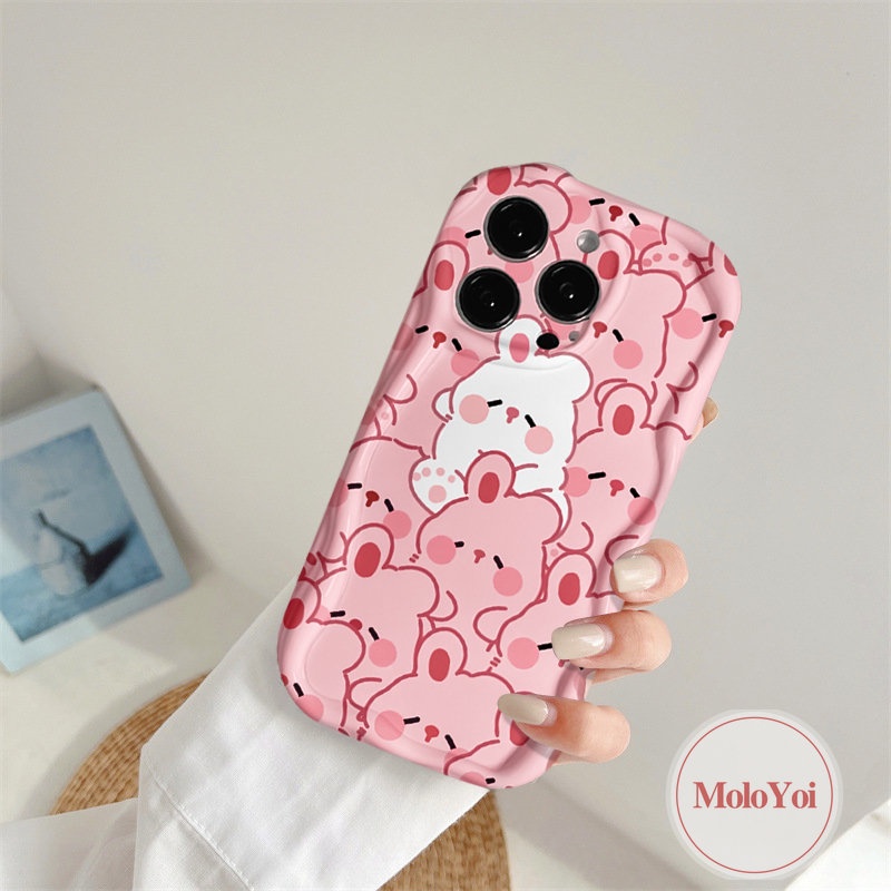 Kelinci Lucu Lovely Pig Couples Case Kompatibel Untuk IPhone XR X XS Max7 8 6 6s Plus 11 12 13 14 Pro Max 7Plus SE 2020 3D Wavy Curved Edge Glossy Kartun Lembut Tpu Cover