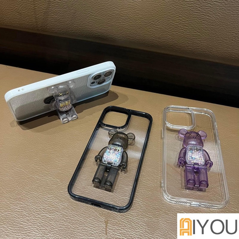 IPHONE Casing Ponsel Bening Bumper Warna-Warni Shockproof Dengan Stand Beruang Violent Lucu Untuk Iphone14 13 12 11 Pro XR X XS Max8 7 Plus SE 3 Cover Akrilik Lembut Transparan