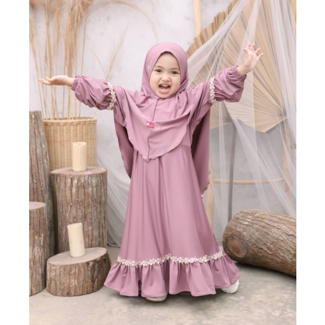 Gamis danHijab Anak VELITA Polos 1 - 12 Tahun Putih Hitam Pink Biru Set Jilbab Kerudung Setelan Baju