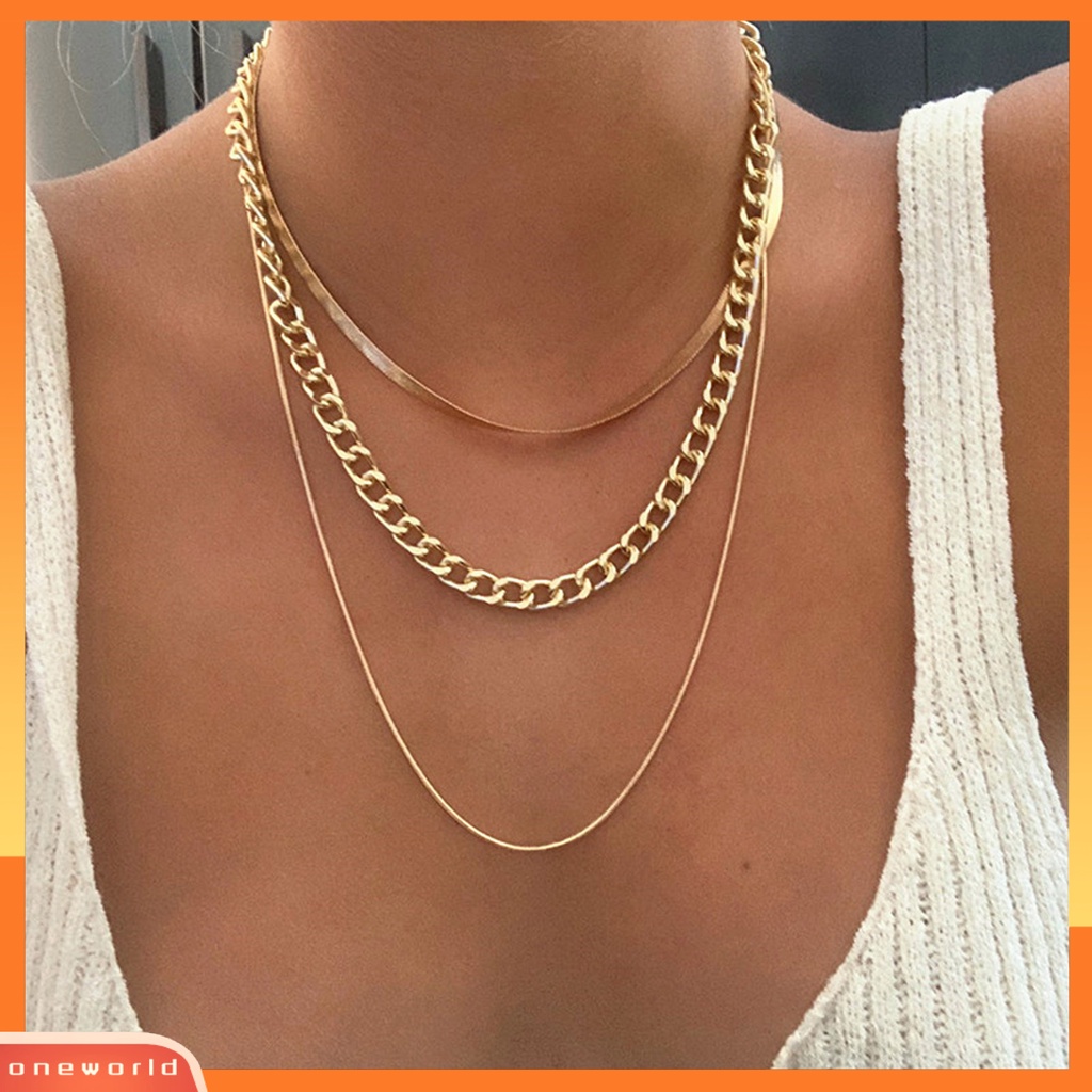 [ONE] Kalung Klavikula Punk Rantai Tebal Multilayer Adjustable Alloy Untuk Pesta