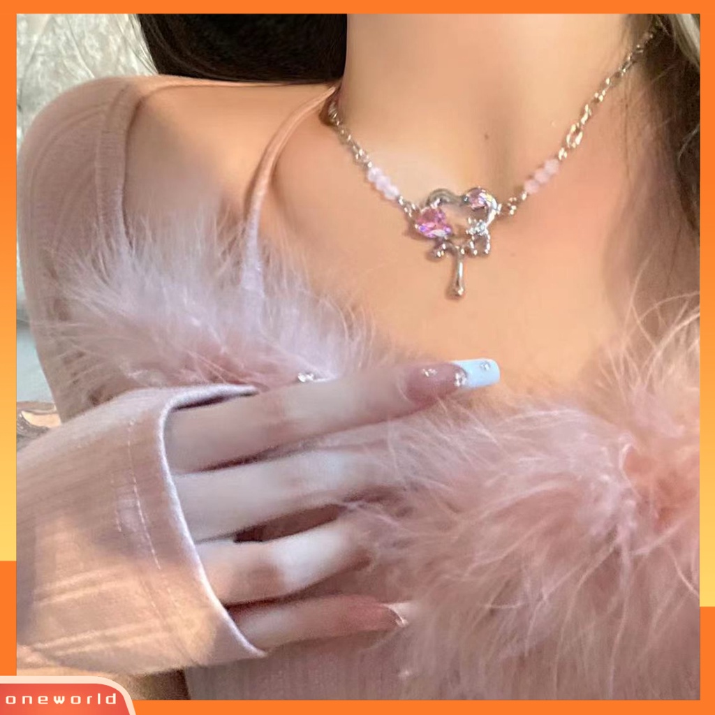 [ONE] Rantai Ekstensi Dapat Disesuaikan Paduan Lady Kalung Pink Cubic Zirconia Jantung Liontin Choker Kalung Perhiasan Aksesori