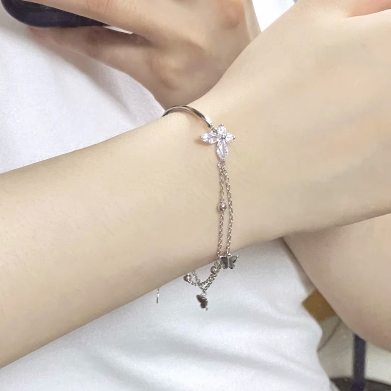 Kami Bunga Korea Indah Perak Rumbai Rantai Kupu-Kupu Pesona Gelang Untuk Wanita Gadis Romantis Pergelangan Tangan Rantai Bangle Bracelets Perhiasan Aksesoris