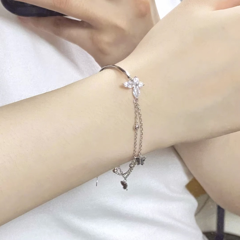 Papaozhu Trendi Lucu Rantai Kaitan Perak Rumbai Kupu-Kupu Pesona Gelang Untuk Wanita Gadis Korea Pergelangan Tangan Rantai Bangle Gelang Fashion Perhiasan Hadiah