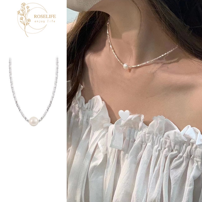 Roselife Mewah S925 Perak Kecil Geometris Payet Manik-Manik Mutiara Liontin Choker Pendek Kalung Untuk Wanita Perempuan Elegan Engagment Meeting Dinner Pesta Kalung Perhiasan