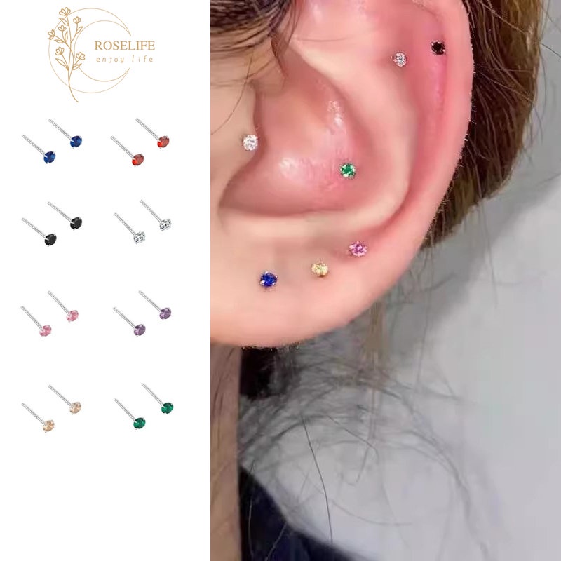 Roselife Unisex S925 Perak Minimalis Berkilau Warna-Warni Zirkon Stud Earrings Untuk Wanita Pria Halus Kecil Kristal Piercing Earring Hypoallergenic Telinga Perhiasan Aksesoris