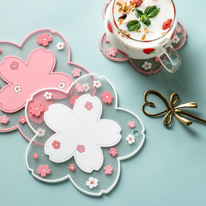 Coaster Bunga Sakura Alas Anti Licin Tahan Air, Aksesori Peralatan Makan Dapur Alas Meja Mangkuk Air Cangkir Kopi Sakura Merah Muda