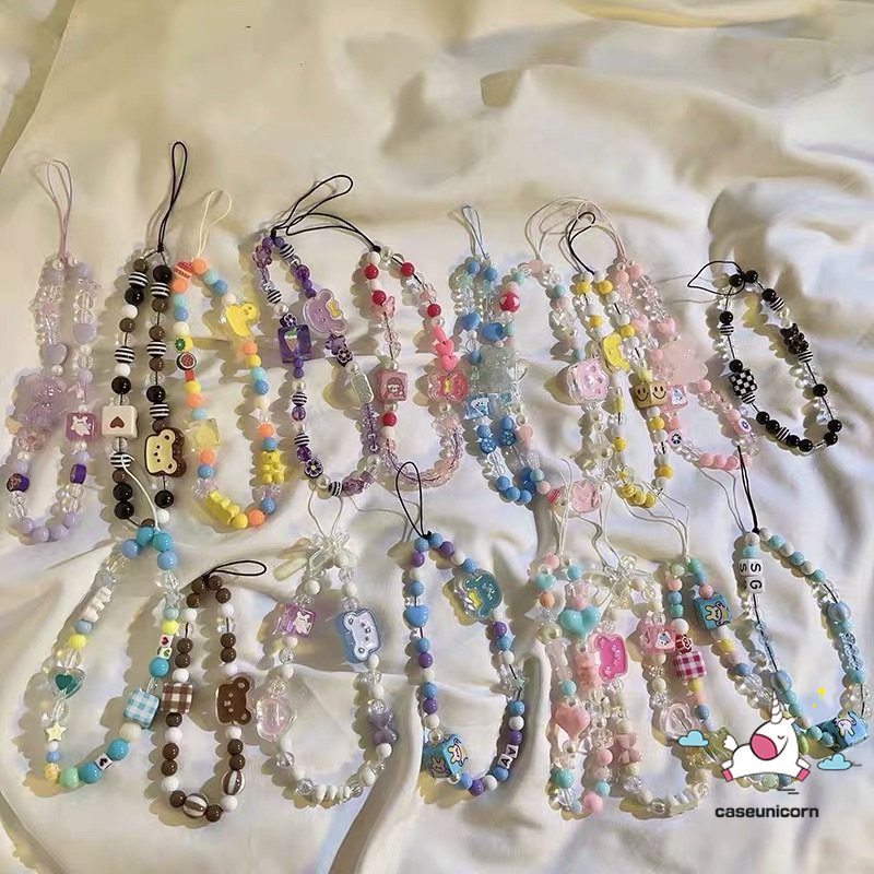 Ins Fashion Lucu Kartun Tali Tangan Universal Rantai Kelinci Beruang Smile Rantai Telepon Tali Strap Aksesoris Beragam Rantai Manik-Manik Gelang Kotak-Kotak Gantungan Kunci Lanyard