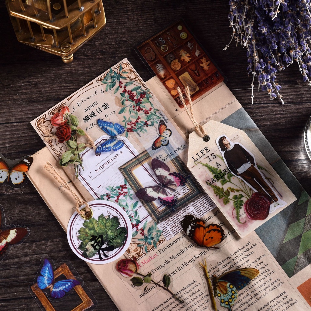 20pcs/set Transparan PET Retro Tanaman Bunga Kupu-Kupu Stiker Kreatif Handbook Diary Book Dekorasi Sticker