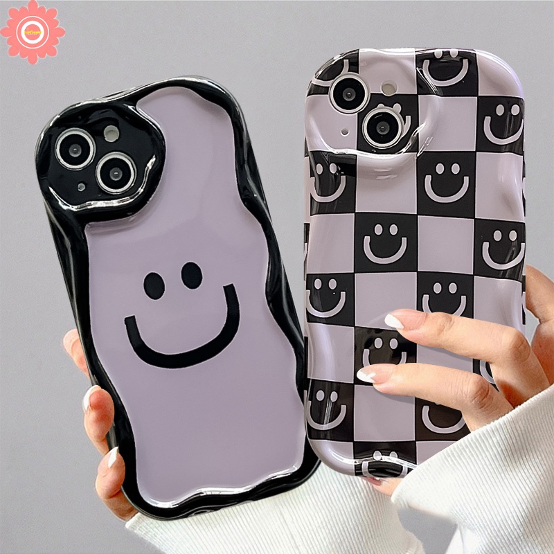 Case Untuk Redmi 10C A1 9T 10 9C 9A 9 10A 9C NFC A2 Redmi Note12 10 11 10s 11s 10Pro 10 Pro Max POCO M3 Senyum Lucu Smiley Kartun Kotak-Kotak 3D Wavy Curved Edge Soft Cover