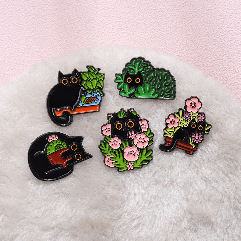 Lucu Kucing Tanaman Enamel Pin Bros Daun Hijau Bunga Kucing Bros Lencana Logam Kerah Pin Ransel Perhiasan Hadiah