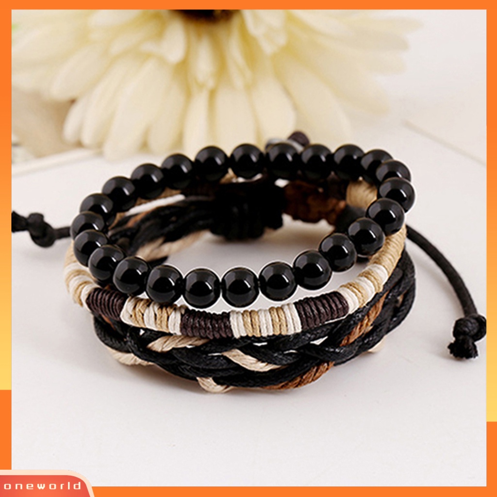 [WOD] 3pcs Gelang Multilayer Fashion Aksesoris Manik-Manik Kayu Kulit Imitasi Bangle Lilin Tali Cuff Bracelets Untuk Pria