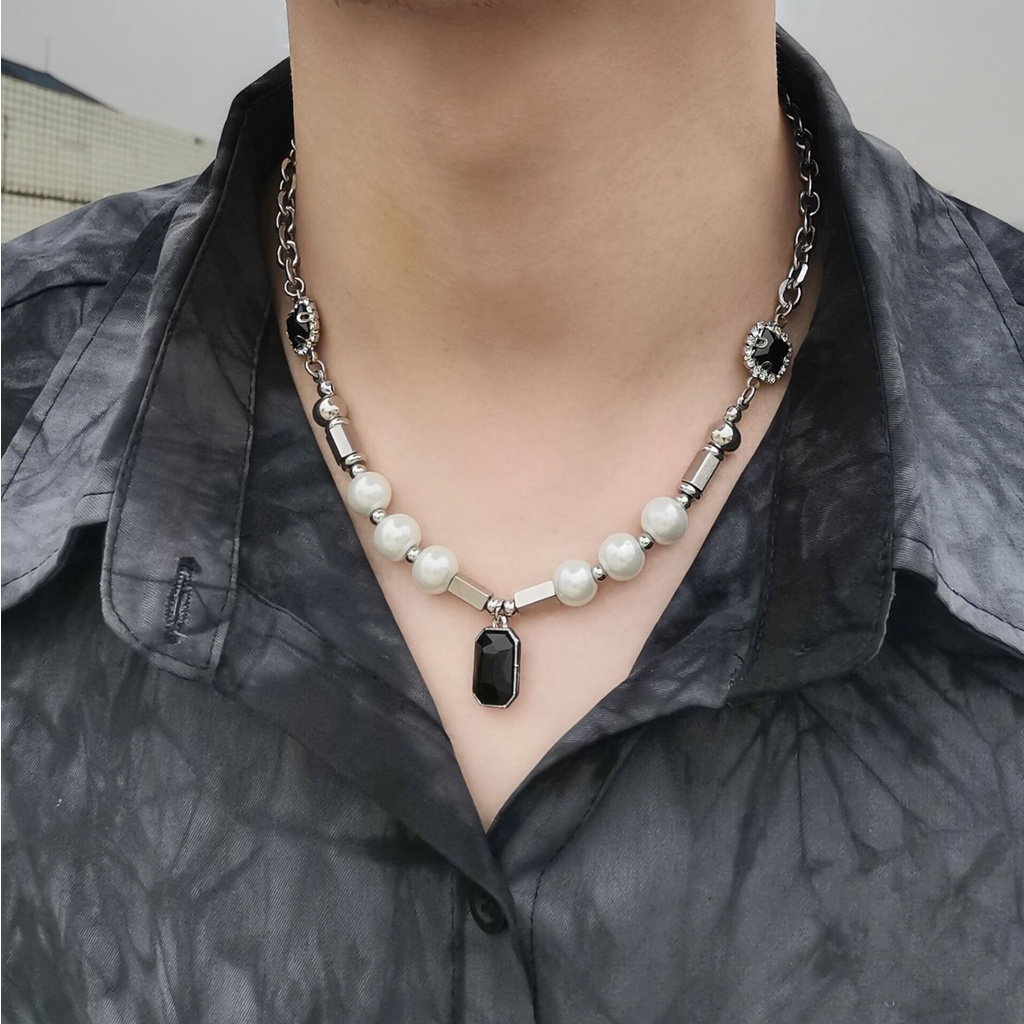 kalung titanium pria, Liontin Permata Hitam Jahitan Kalung Mutiara, kalung pria korea，kalung rantai cowo