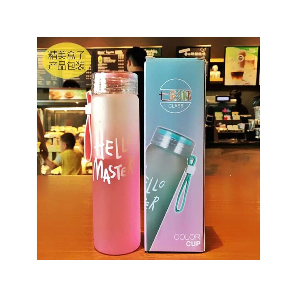 BOP BOTOL MINUM KACA HELLO MASTER GRADIENT COLOR GLASS BOTTLE WARNA CANTIK JELITA SUDAH PACKING DUS